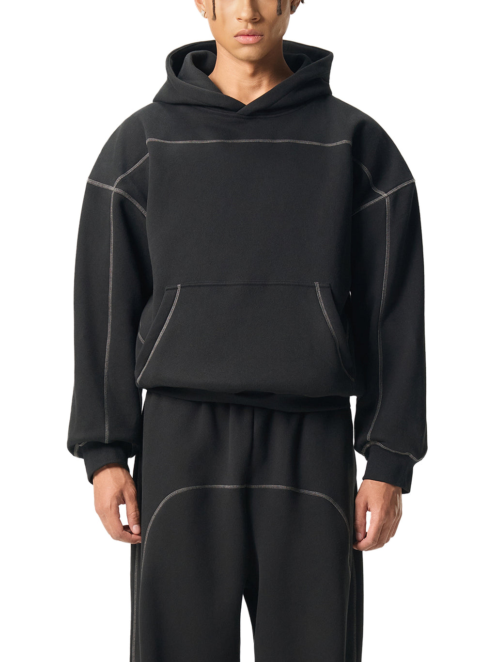 Contrast-Stitched Boxy Fleece Hoodie